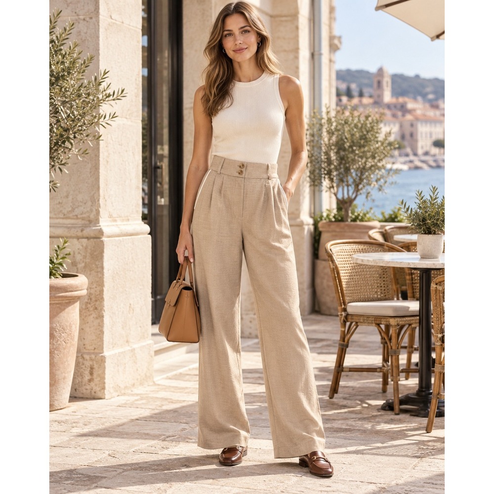 Tulie Women Beige Pleated Wide Leg Dress Pants High Waist Size Sm Neutral Preppy